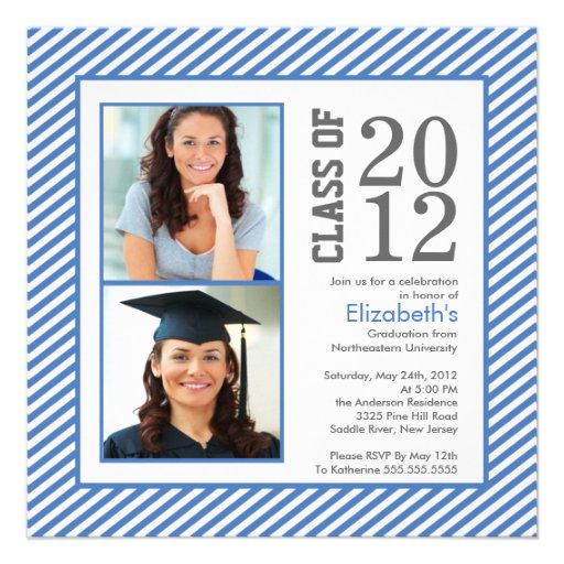 Modern Blue Stripes Photo Graduation Invitation