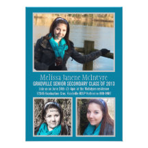 Modern Bright Blue 3 Photos Graduation Personalized Invite