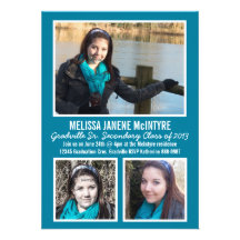 Modern Bright Blue White THREE Photos Graduation Custom Announcement