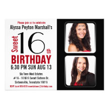 Modern BW RED  2 Photo Sweet 16 Party Invite