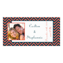 Modern Chevron Neon Coral/Navy Photo Announcement Picture Card