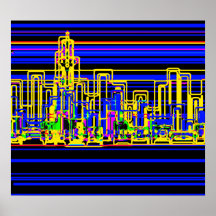 Modern cityscape in blue and black neon poster