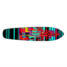 Modern cityscape in blue and red neon skate boards
