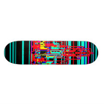 Modern cityscape in blue and red neon skateboard decks