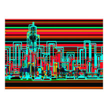 Modern cityscape in red and yellow neon announcement