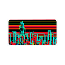 Modern cityscape in red and yellow neon address label