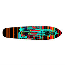 Modern cityscape in red and yellow neon skateboard deck