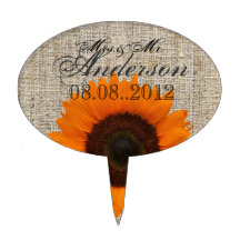 Modern Country orange Sunflower burlap wedding Cake Pick