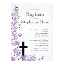 Modern Cross  purple Flower  Baptism  invitation