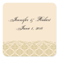Modern Damask in Ivory Gold Wedding Envelope Seal Square Sticker