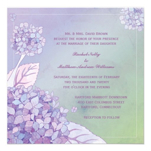 Modern Evening Purple Hydrangea Floral Wedding Announcement