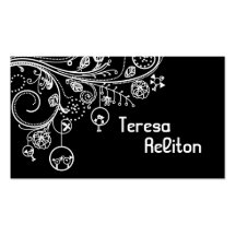 Modern floral swirls & birds black, white business card