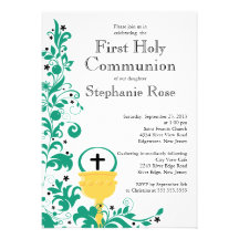 Modern Green Floral First Holy Communion Personalized Invitations