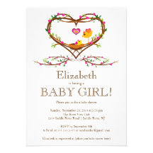 Modern Heart baby bird Girls Baby Shower Invites