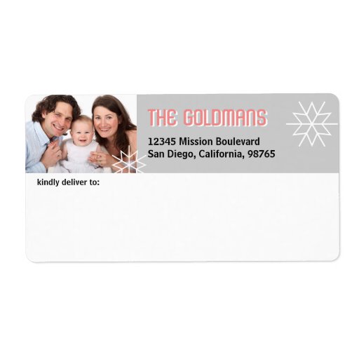 Modern holiday photo pink grey snowflake address custom shipping label