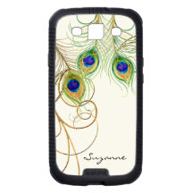 Modern Peacock Feathers Elegant Gold Swirl Name