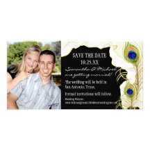 Modern Peacock Feathers Faux Ribbon Damask Swirl Picture Card