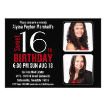 Modern Red and Black 2 Photos Sweet 16 Party Personalized Announcement