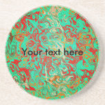 Modern red psychedelic on green background beverage coasters