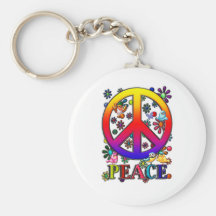 Modern Retro Peace Sign Text Birds & Flowers II Key Chain