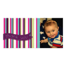 Modern Stripe Thank You Baby Birthday Photocard Customized Photo Card