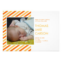 Modern stripes orange baby birth announcement invitations