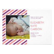 Modern stripes pink purple baby birth announcement invitations
