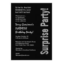 Modern SURPRISE Birthday Black Silver White Personalized Invite