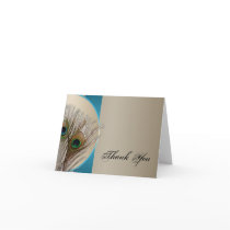 Modern Taupe Aqua Peacock Feather Thank You Card