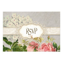 Modern Vintage Lace Tea Stained Hydrangea n Roses Custom Invitations