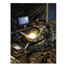 Moine avec la carte postale de scanner de livre