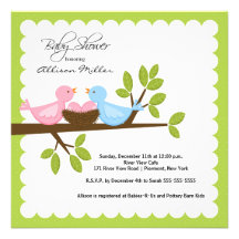 Mom Dad Birds with TWINGirls Multiple Baby Shower Announcements