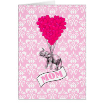 Mom, elephant and heart balloons greeting card