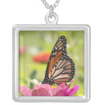 Monarch Butterfly on Pink Flower Necklace