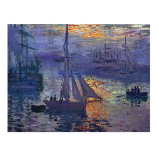 Monet sunrise at sea sailboat painting boating art postcard