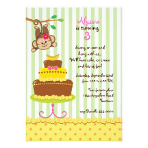 Monkey and Banana Cake Girls Birthday Custom Invites