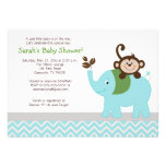 Monkey and Elephant Light Blue Chevron Baby Shower invitations