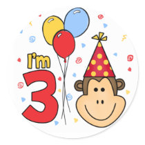 Monkey Face 3rd Birthday Round Sticker
