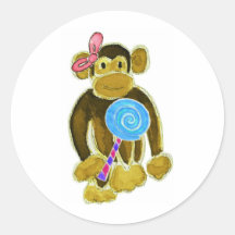 Monkey Girl Lollipop Round Stickers