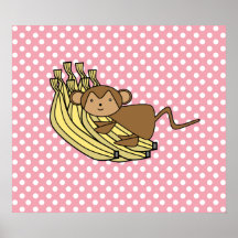 Monkey on bananas poster with pink polka dots