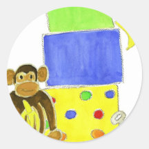 monkey on wagon and gifts round sticker