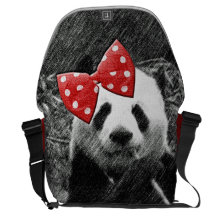 Monochromatic panda sketch with red bow courier bags