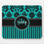 Monogram Aqua Black White Stripe Damask Mousepad