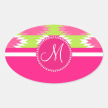 Monogram Aztec Andes Tribal Hot Pink Lime Green Oval Sticker