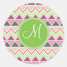 Monogram Aztec Andes Tribal Mountains Chevron Round Stickers