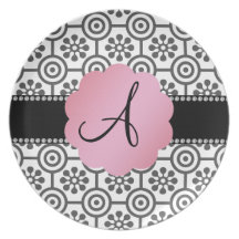 Monogram black and white flowers dinner plate