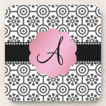 Monogram black and white flowers drink coaster