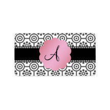 Monogram black and white flowers custom address label