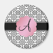 Monogram black and white flowers refrigerator magnets