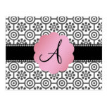 Monogram black and white flowers postcards